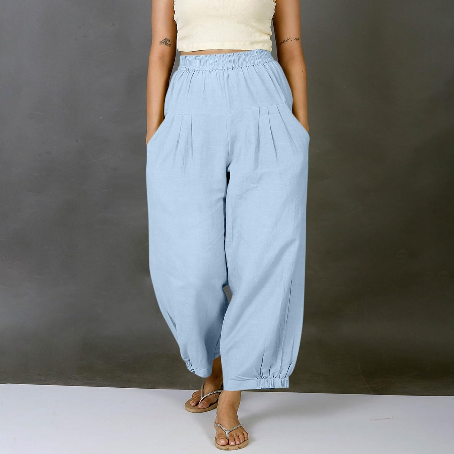 Linen Pants for Women Summer Beach Wide Leg Elastic Waist Linen Cotton Harem Pants Casual Loose Trouser with Pockets
