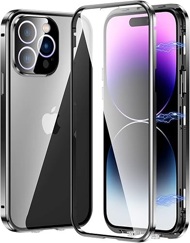 Funda magnética transparente para iPhone 14 Pro de cristal con protector de lente de cámara, protector de pantalla integrado sensible al tacto,