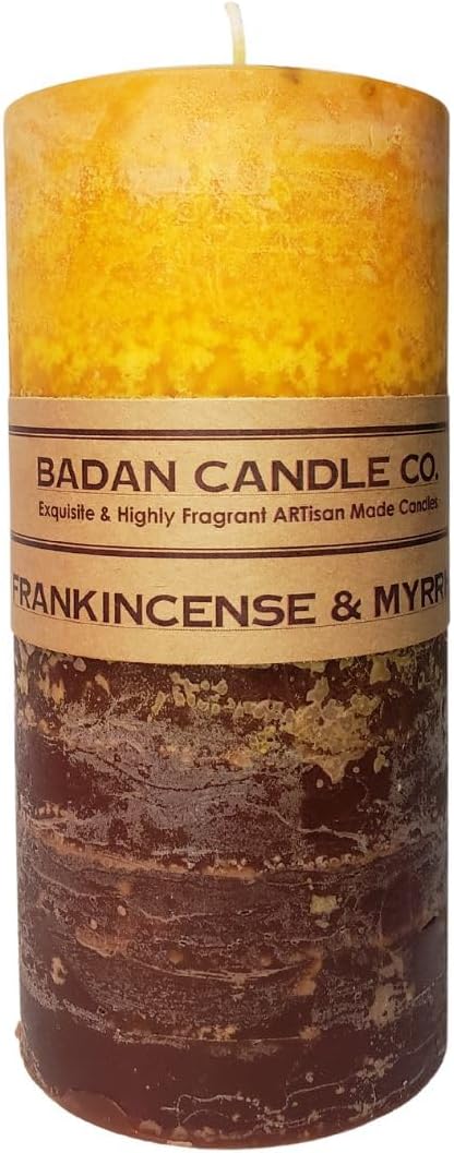 Frankincense and Myrrh Scented Pillar Candle Collection (Gold,Brown, 3x6.5-RD2)