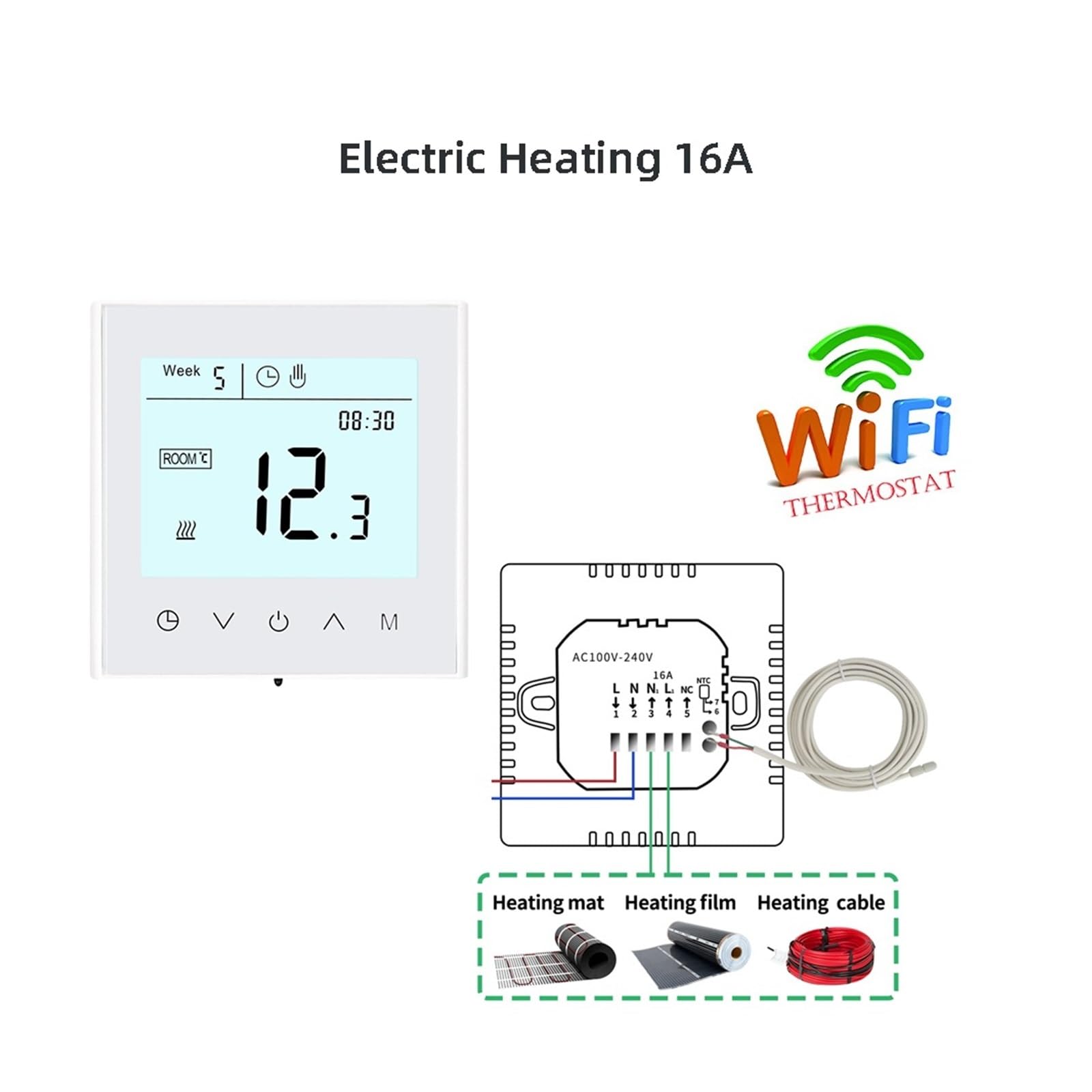 Smart WiFi 3A/16A LCD Touch Screen Regolatore di temperatura Riscaldamento a pavimento elettrico/Termostato caldaia acqua/gas Facile Da Usare(16A Electric WIFI)