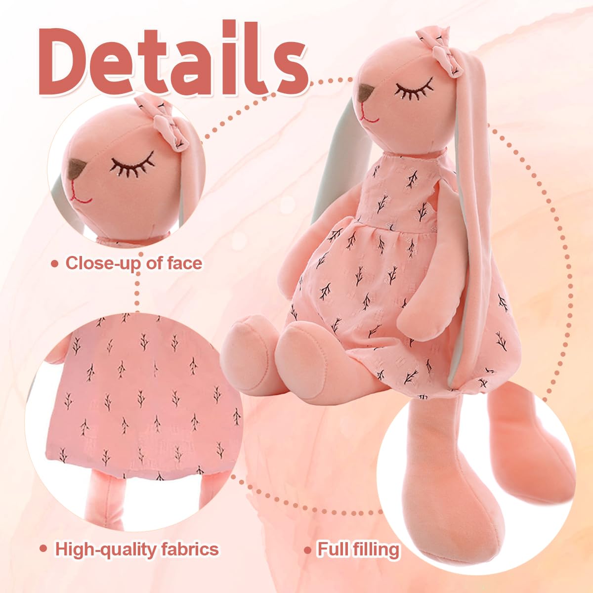 Peluche Coniglio 35 Cm Con Orecchie Lunghe E Fiocco - Morbido Per Bambini, Regalo Pasqua E Natale