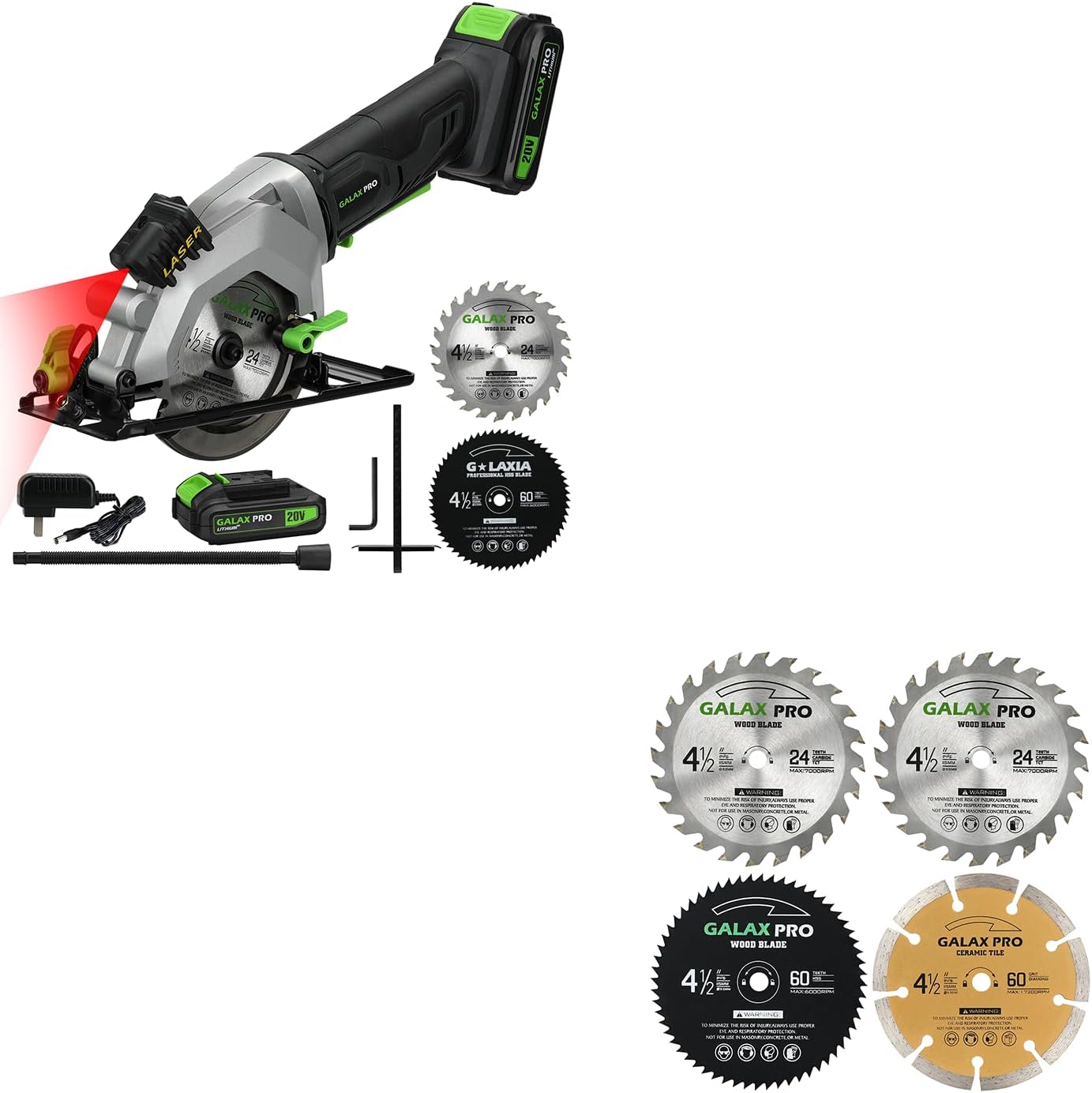 GALAX PRO Mini Circular Saw - DC20V 4-1/2" Cordless Saw with 2.0Ah Battery and Pack of 4 Assorted 60T HSS Metal/24T TCT Wood/Diamond Blades