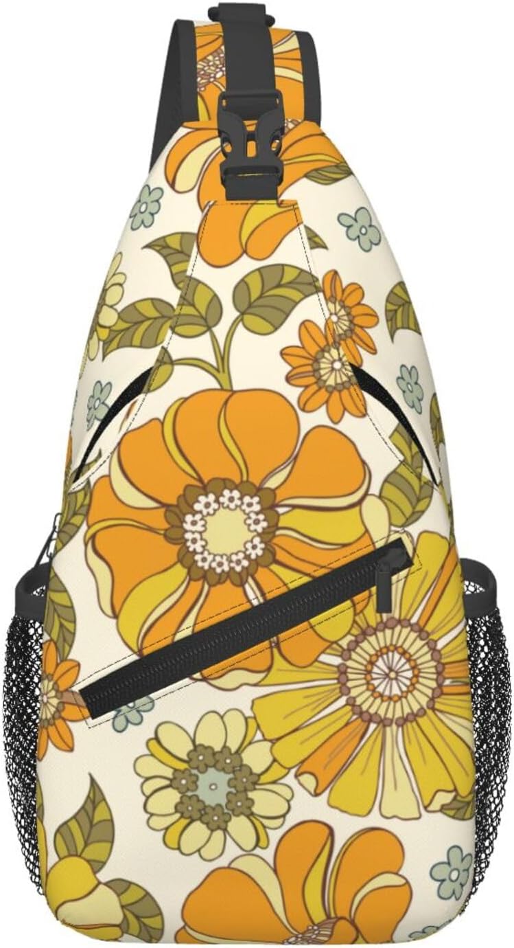 Retro 70s Style Flower Crossbody Sling Bag for Women Men Colorful Large Scale Hand Drawn Floral Pattern Travel Sling Backpack Casual Shoulder Bag Groovy Flowers Print Sports Hiking Daypack