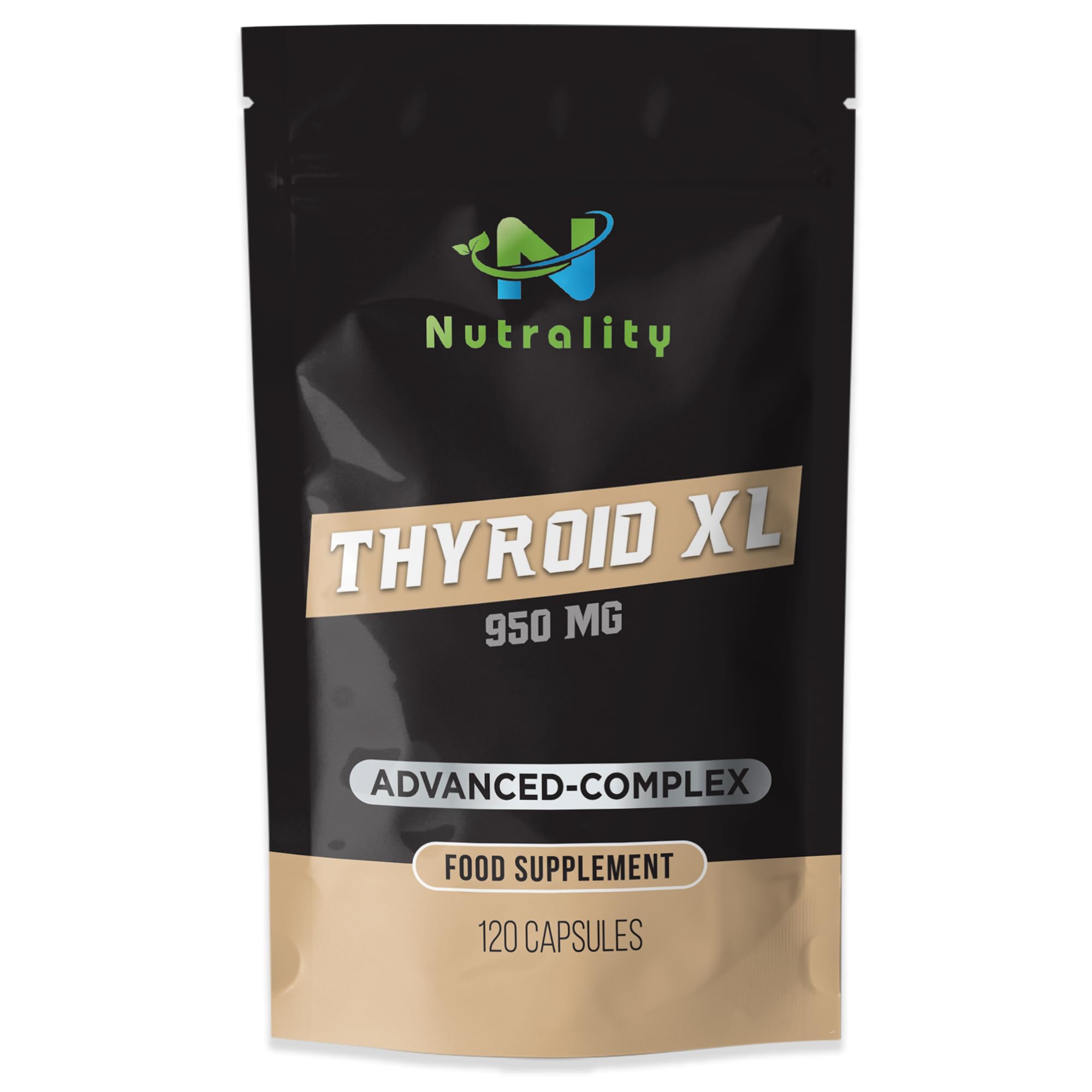 Nutrality Thyroid XL Support 950mg | Thyroid Support Supplement with Thiamine, Iodine, Selenium | Enhance Metabolism, Energy & Optimal Thyroid Function | 120 Vegan Capsules