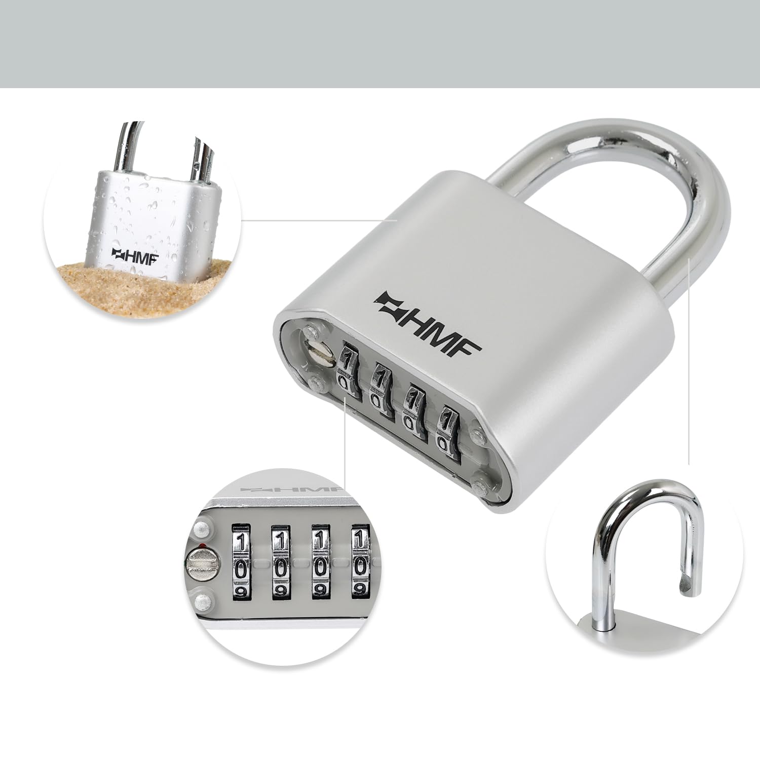 HMF Combination Padlock, Robust 4-Digit Number Combination Lock at Zinc Alloy, Silver, Basic - Image 2