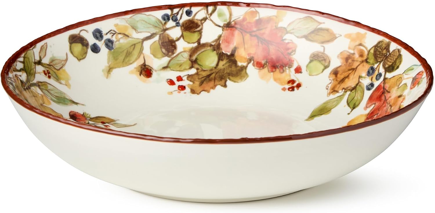 Autumn Meadows SERVING BOWL — A commanding 13-inch, 118-ounce stoneware centerpiece painted with lush harvest botanicals, ready to carry every side dish to the table in seasonal style.