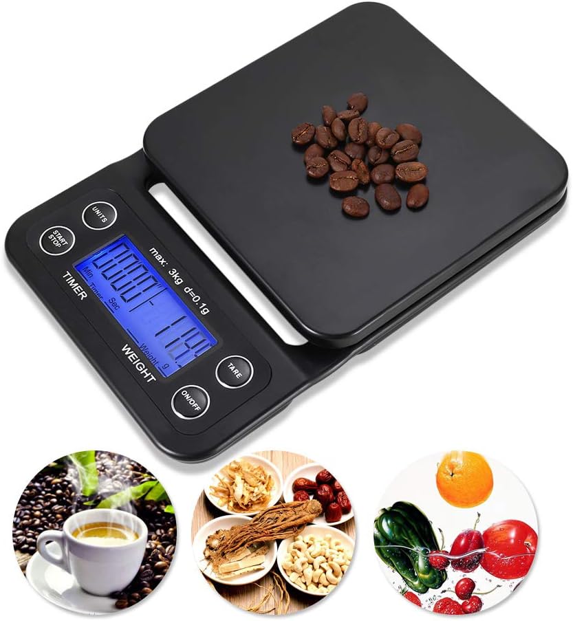Aevobas Digital Kitchen Scales with Tare Timer Function 0.1g 3kg Mini Electronic Food Coffee Weighing Scales Grams with Bowl Precision Kitchen Cooking Scale Back-Lit LCD Display