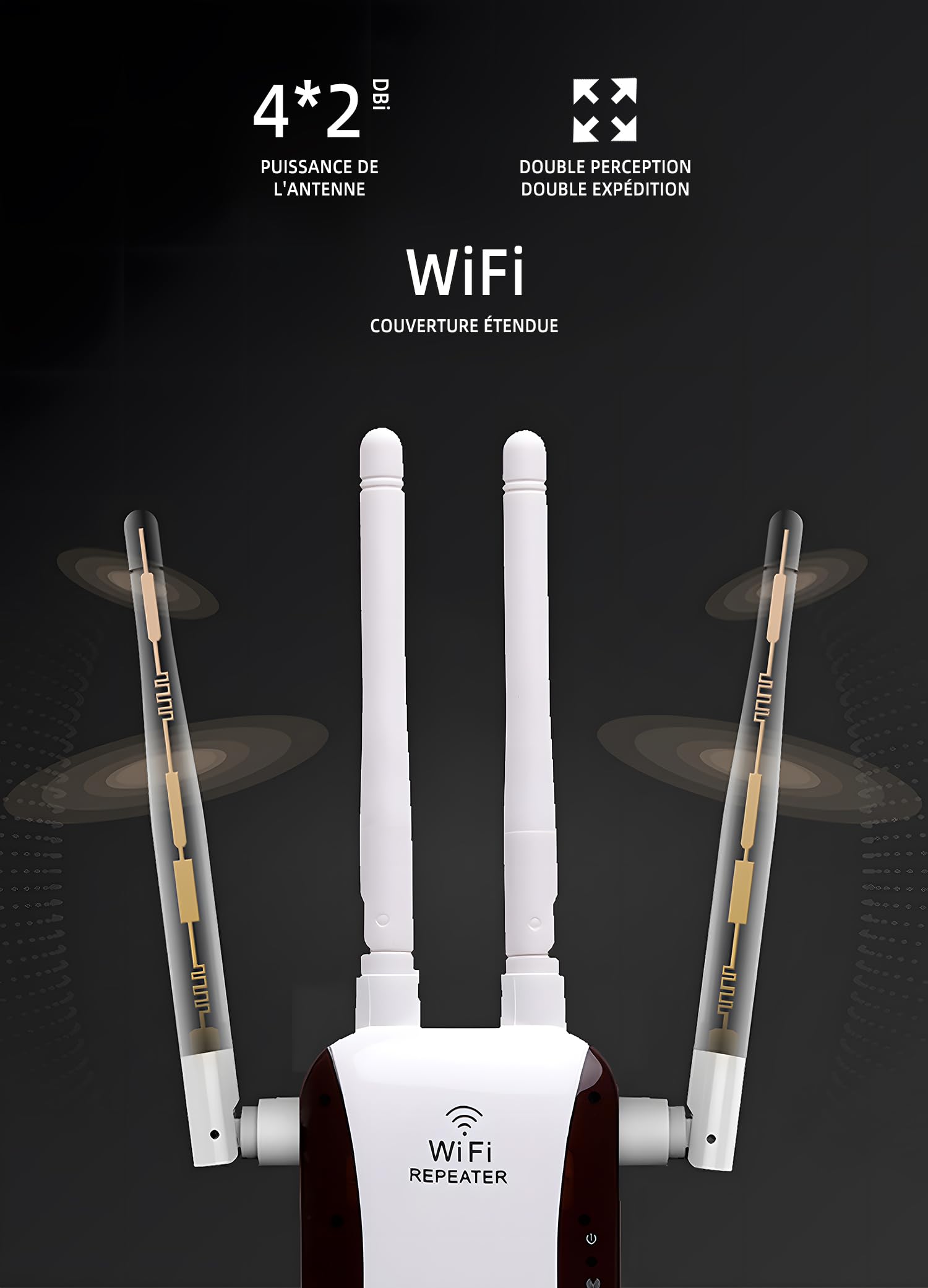 Répéteur WiFi Puissant 300Mbps, 2.4GHz Amplificateur WiFi avec WPS,Répéteur WiFi 4 Antennes, 1 Ports LAN, Compatible avec Toutes Les Box Internet, Jusqu'à 300m²| 50 appareils