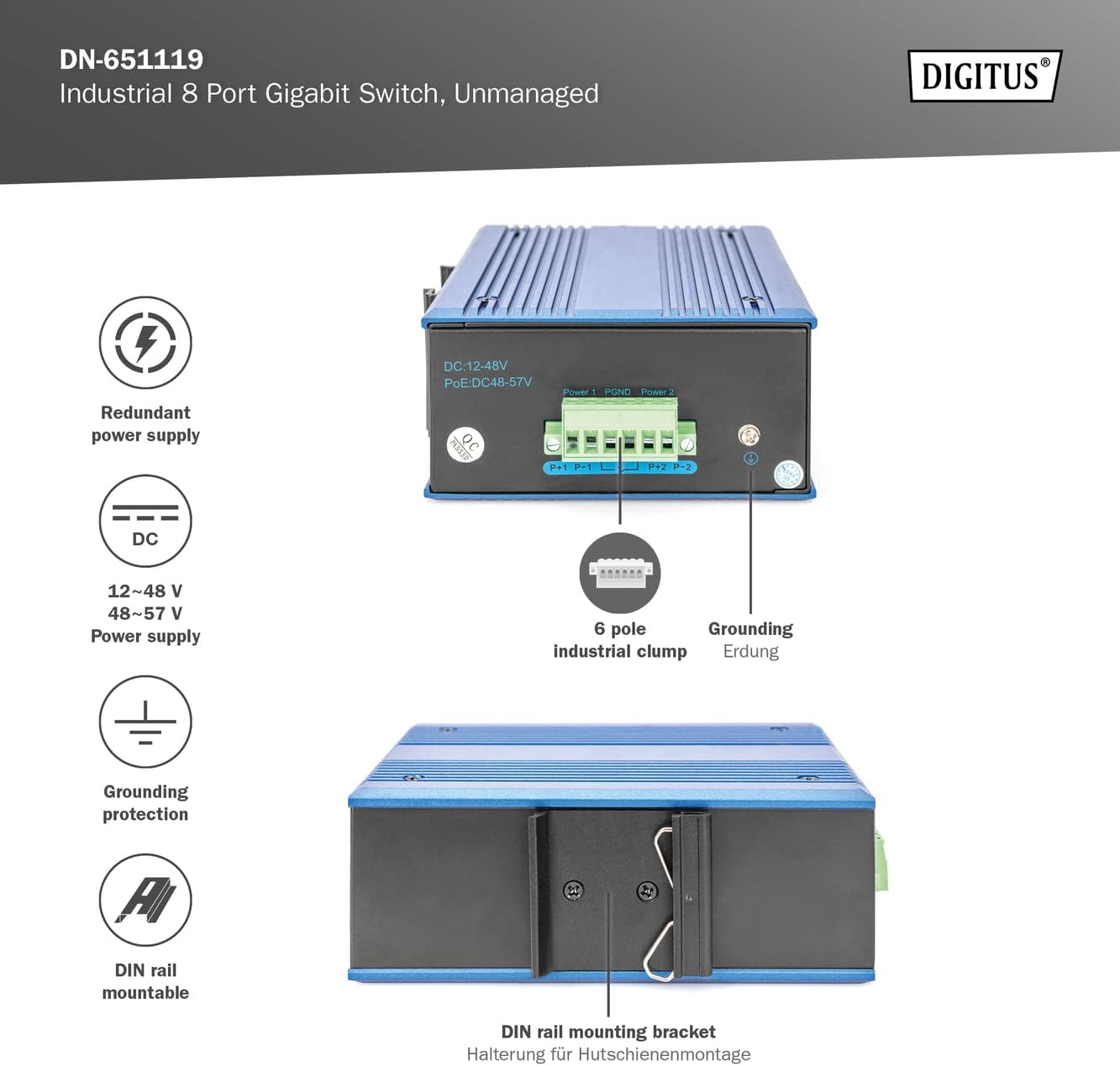 DIGITUS Network Switch - 8-Port gigabit Ethernet - DIN Rail mounting - Terminal Strip - fanless - Black/Blue