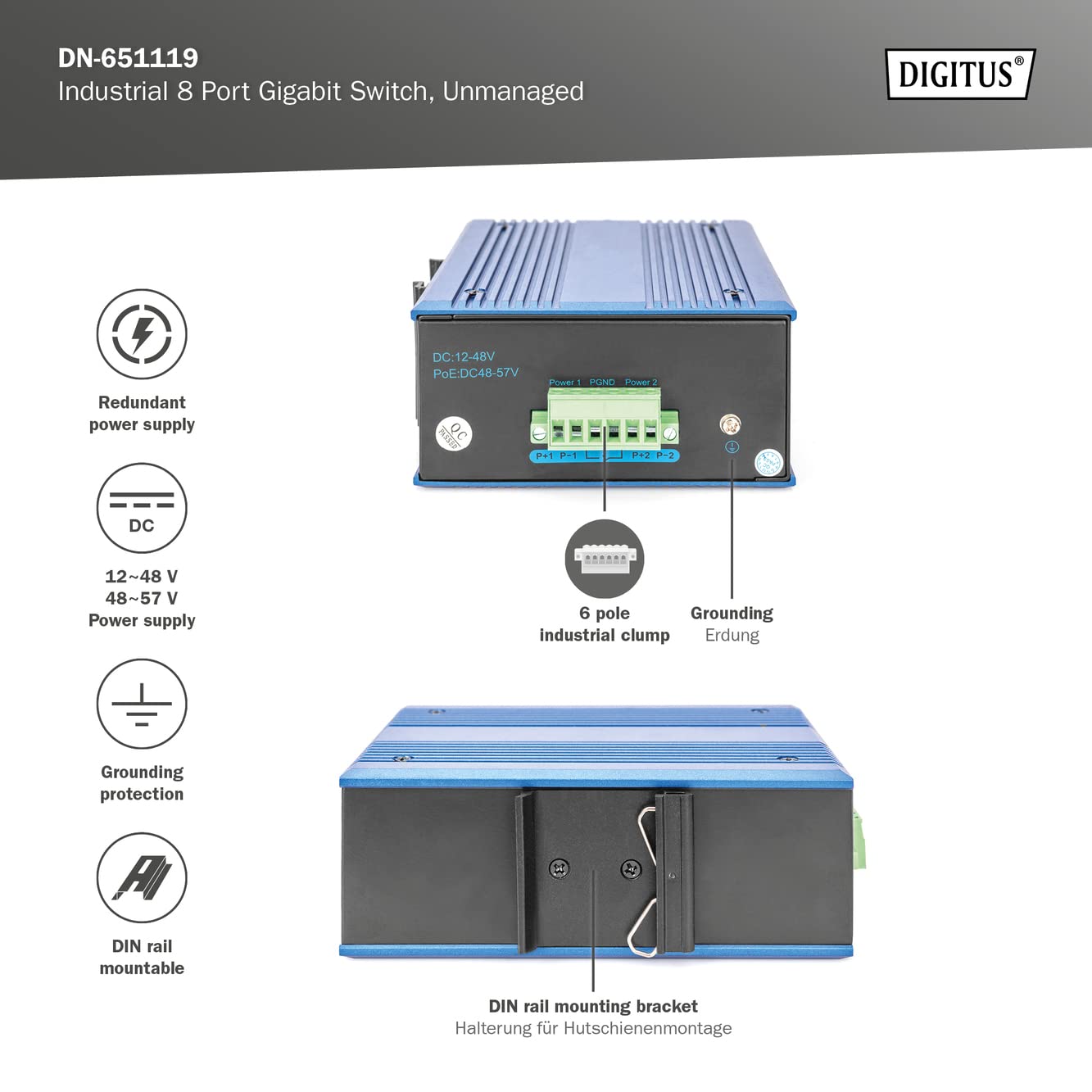 DIGITUS Conmutador de Red - Gigabit Ethernet de 8 puertos - Montaje en carril DIN - Bloque de terminales - Sin ventilador - Negro/Azul