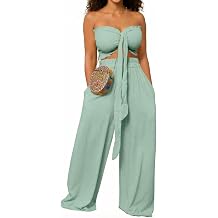 Ophestin Women Two Piece Outfits Knot Front Ruffle Trim Smocked Crop Top Wide Leg Pant Sets Vacation Outfit with Pockets