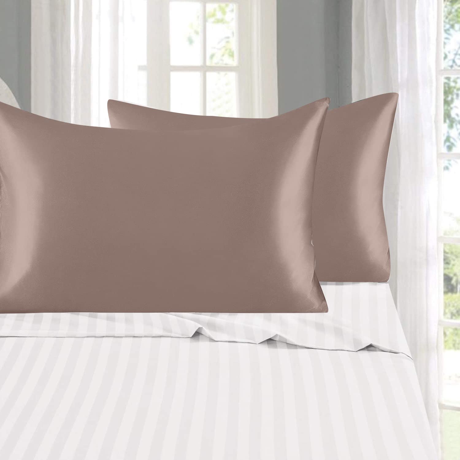 Cloth Fusion Satin Silk Pillow Covers Set of 2 | Smooth & Shiny Silk Pillow Cases for Hair and Skin |18x27 Inches, Beige