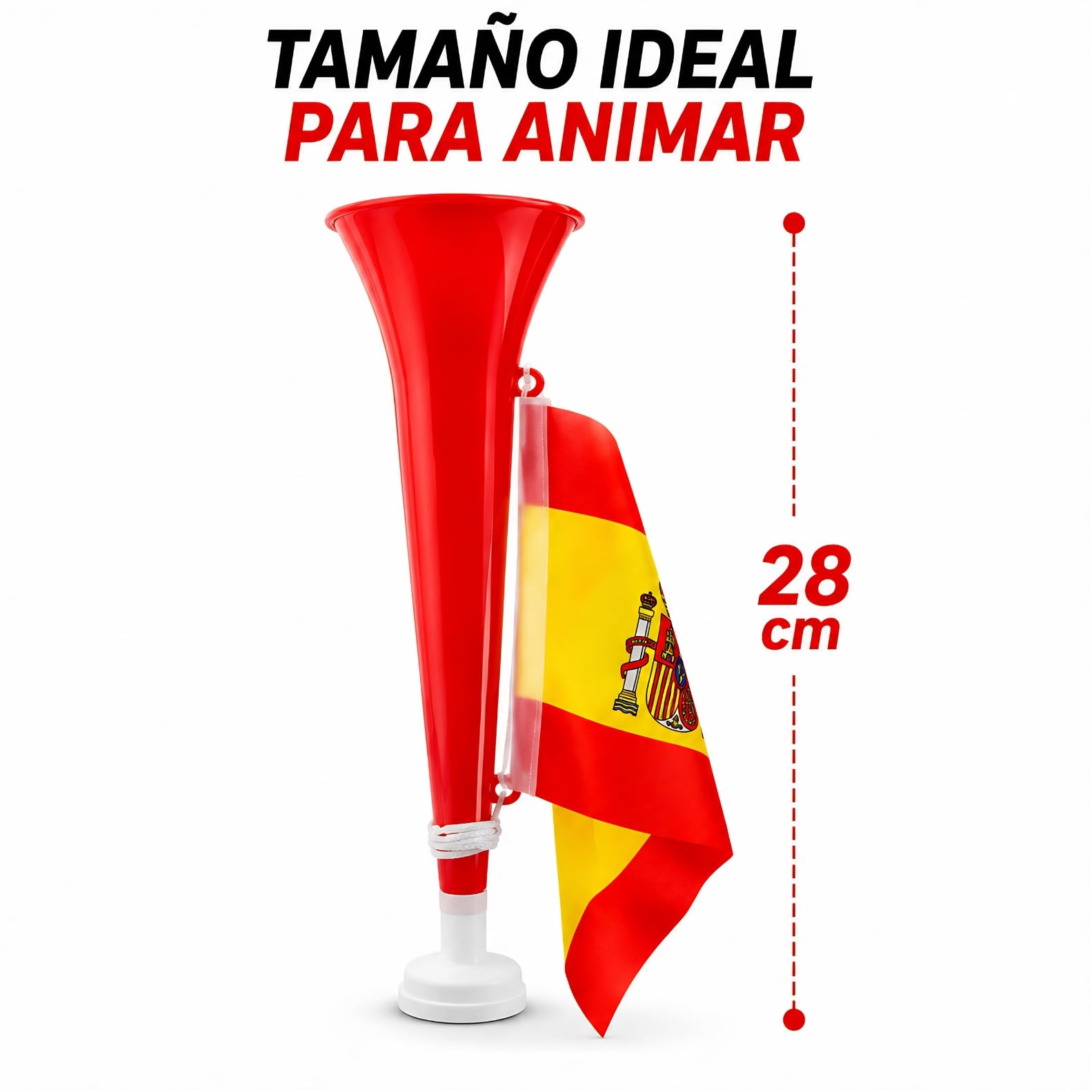 Trompeta con Bandera de España para Aficionados – Bocina de Animación 28 cm | Sonido Fuerte y Claro | Ideal para Fútbol, Eventos y Celebraciones (3 Rojo)