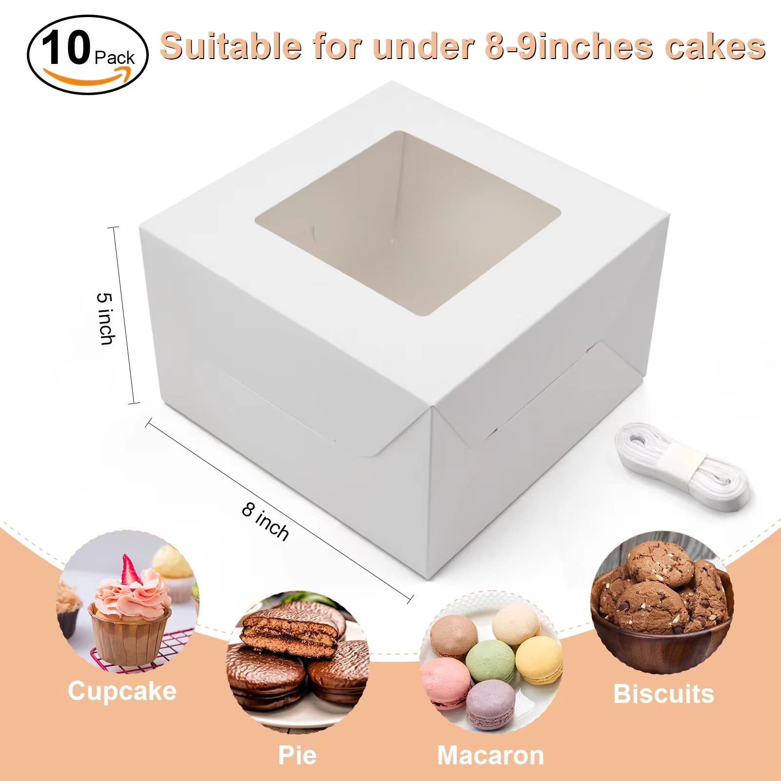 10 szt. pudełek na ciasto 20 x 20 x 13 cm, białe pudełka na chleb z okienkami na wypieki, babeczki, ciastka, ciasta, babeczki i pączki