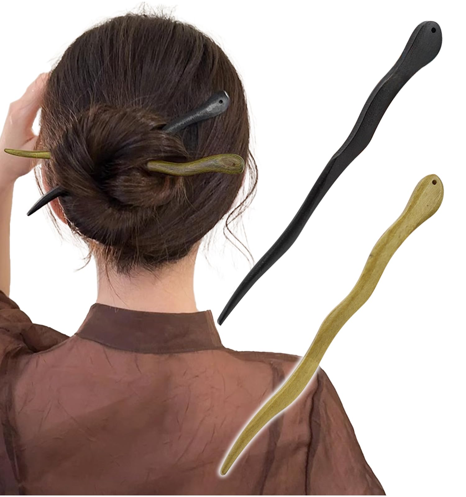 Herbeluemily Hairstick, Hair Ornament, Simple, Japanese Style, Wooden, C, Black + Green Brown : Clothing, Shoes & Jewelry