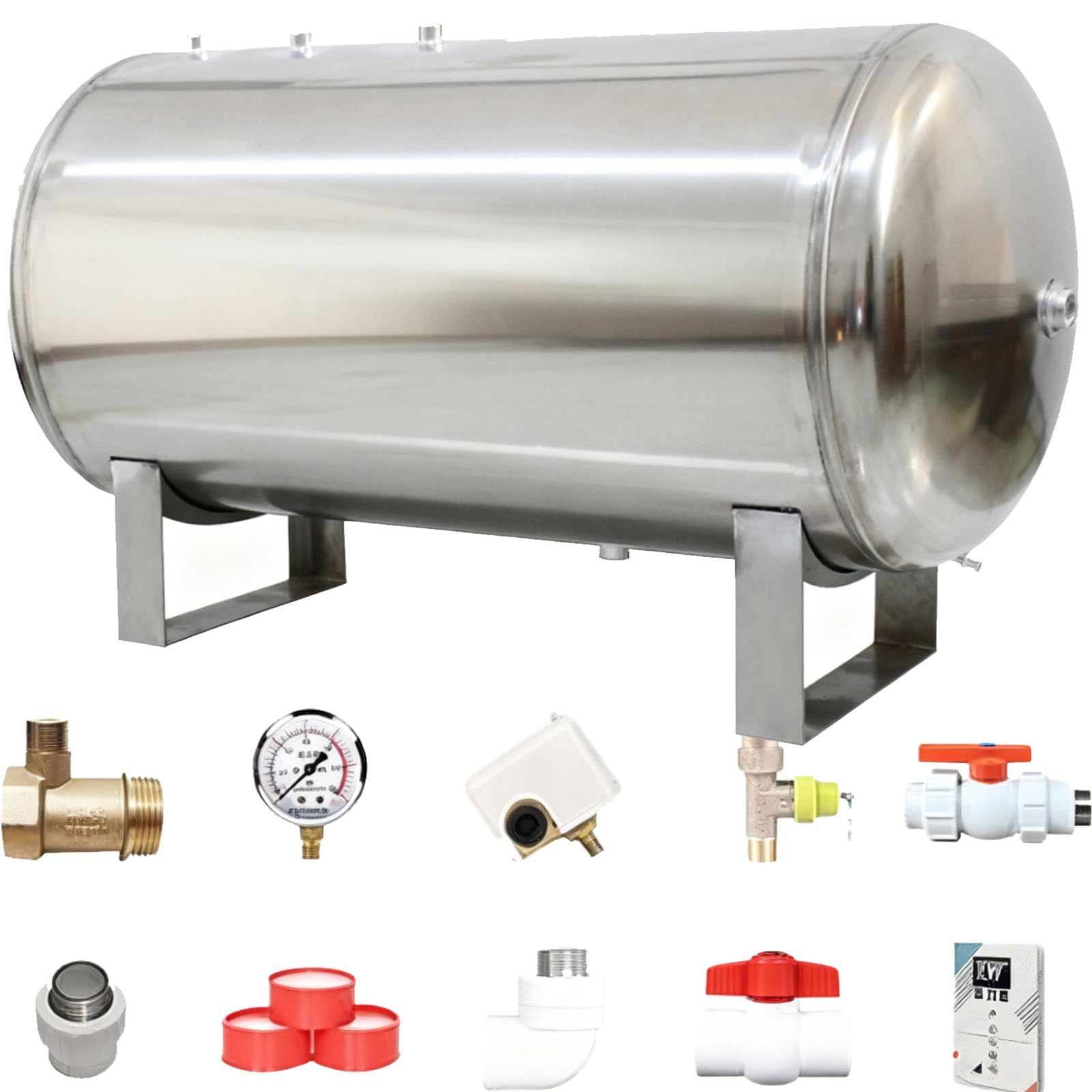 Serbatoio a pressione orizzontale in acciaio inox con kit di montaggio per stoccaggio dell'acqua e regolazione della pressione del sistema