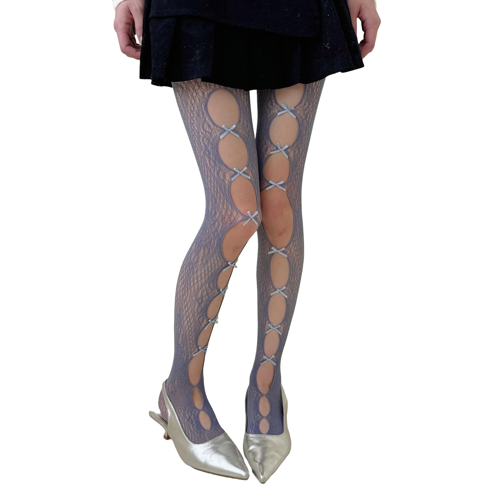 GMBYLBY Women's Aesthetic Sheer Cutout Bows Accent Fishnets Tights Colorful Lace Pantyhose Leggings For Retro Fashion Outfits Bows Detail Hosiery