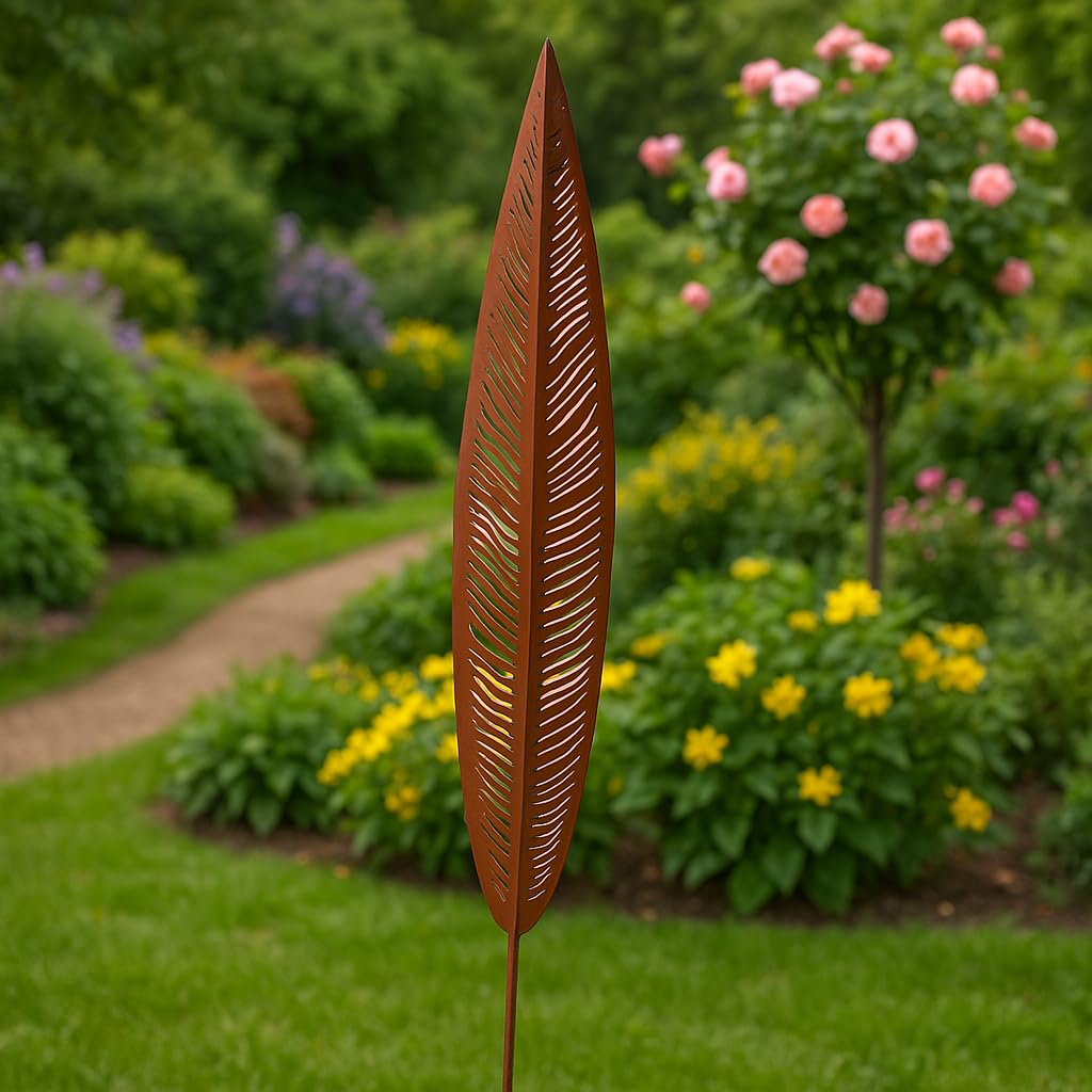Zen Man Edelrost Gartenstecker Blätter,Palmblatt, aus Metall Rost,3D,H80cm Gartendeko 032288