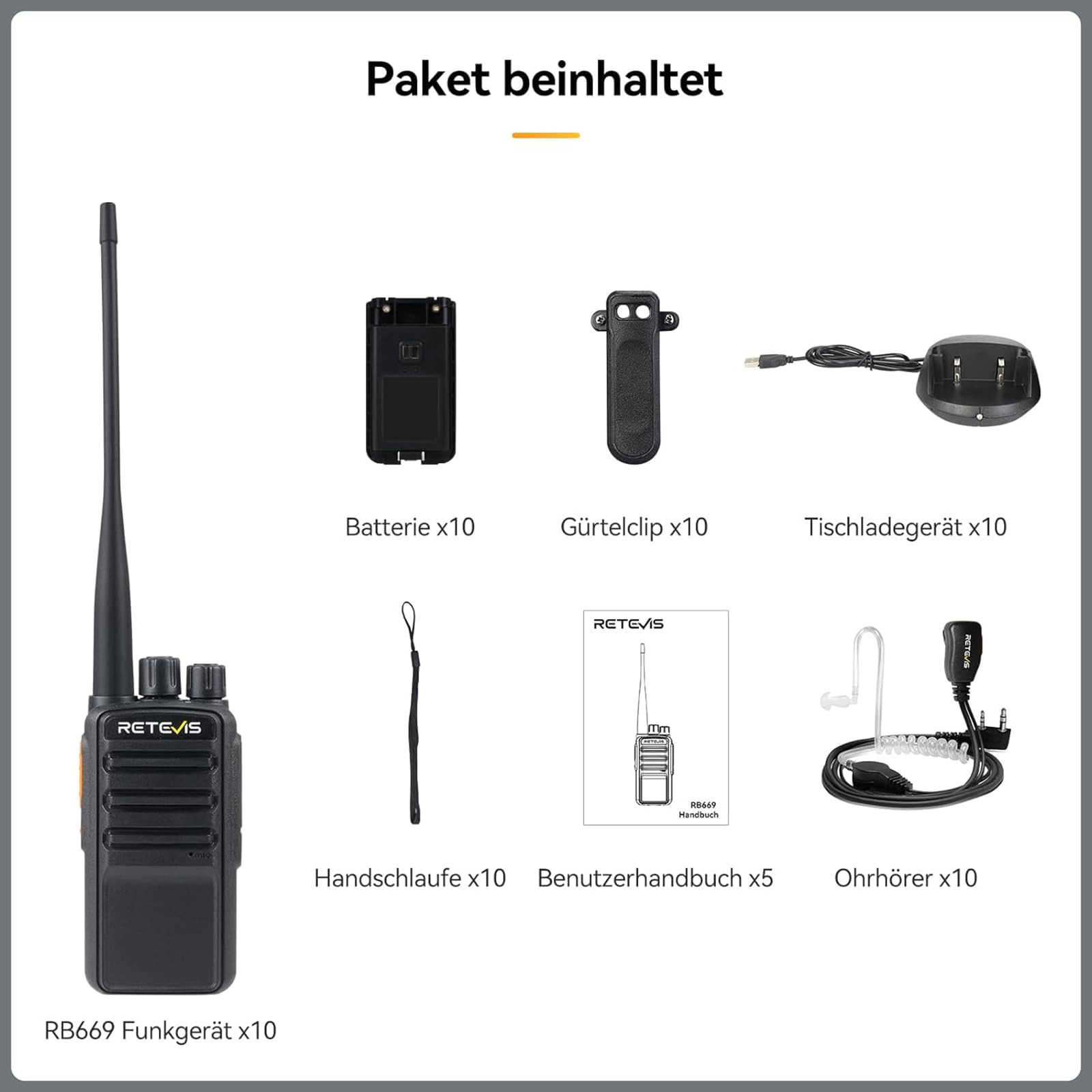 Retevis RB669 Funkgerät Set mit Headset, Freenet Lizenzfrei Walkie Talkie, 6 Freenet Kanäle und 16 PMR446, Deutsches Sprachsystem, Typ C Laden Sie, Funkgerät für Logistik, Business(Schwarz, 10 Stück)