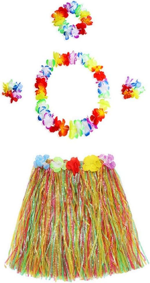 SSTX 5pcs Hawaiian Hula Dancer Grass Skirt Colorful Tropical Luau Flower Leis Headband Necklaces Bracelets Girls Party Supplies