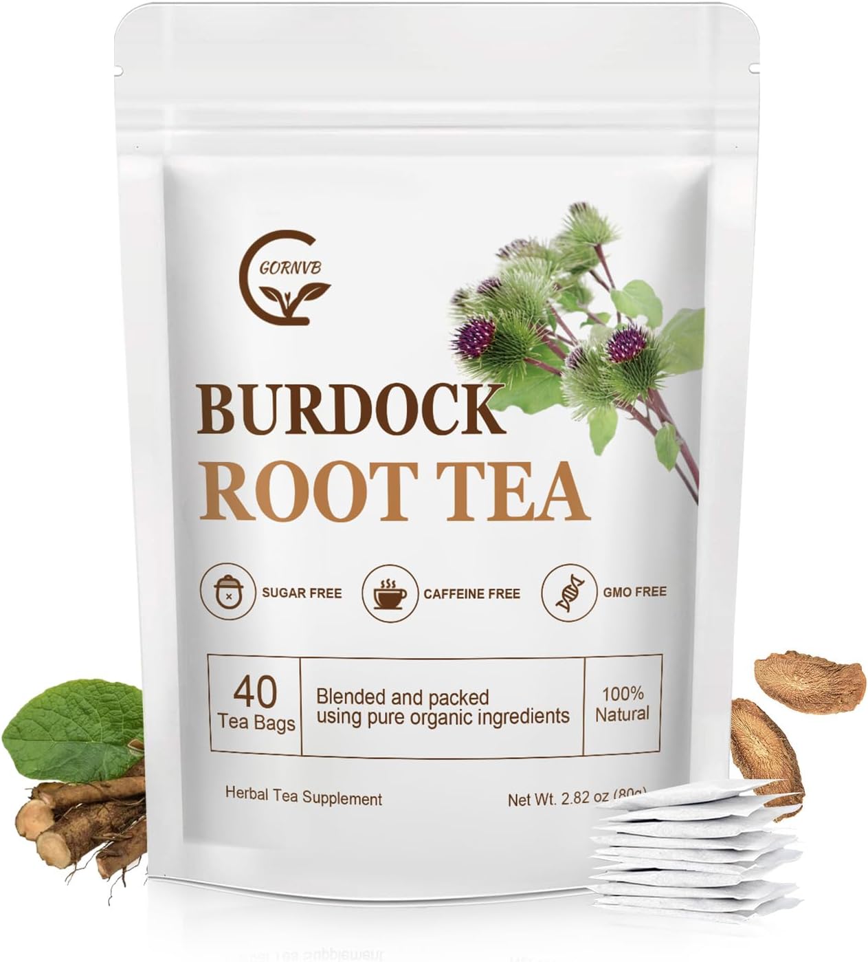 Burdock Root Tea Bags - Digestion & Improving Liver Support, Premium Burdock Root, with Antioxidants, Minerals & Vitamin C, Caffeine Free, 40 Tea Bags