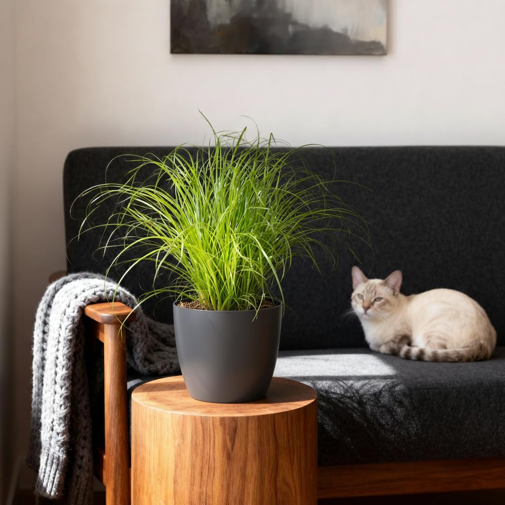 Cyperus alternifolius Zumula - Herbe à chat - Plante pour animaux de compagnie - Vert - avec Potter Grey - 20cm - Ø12cm - Plante d'intérieur - Ensemble complet - Plante avec pot