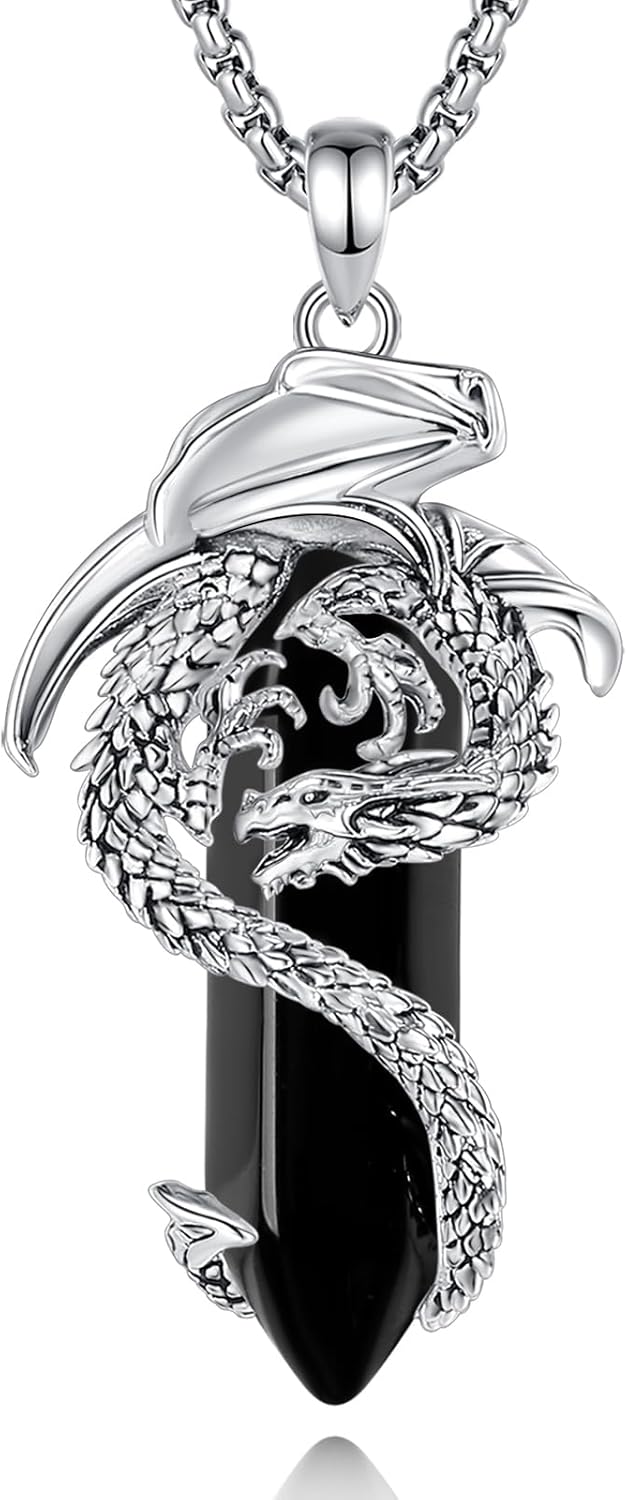 EUDORA Vintage Dragon Necklace with Healing Crystal for Women Men, Silver Plated Copper Viking Dragon Pendant Amulet Energy Gothic Jewelry, Gift for Women Men Dad Mother Mom, Chain 20" +24"