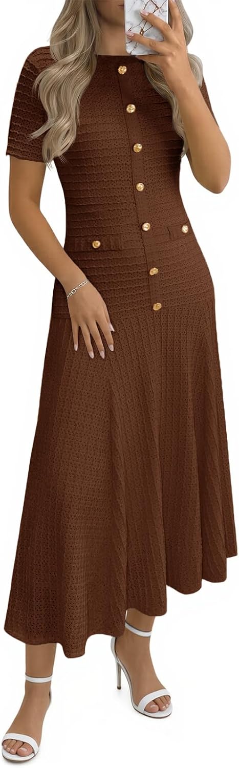 Wenrine Womens Midi Dress Summer Casual Short Sleeve Crewneck Button Decor. Textured Slim Fit A Line Dresses
