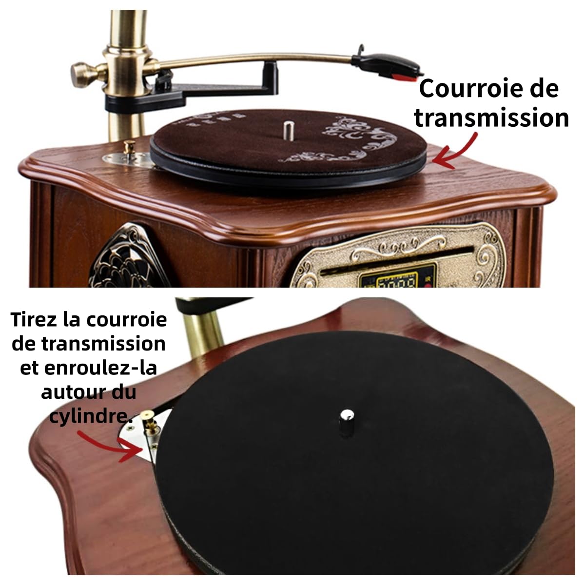 Holz Retro Plattenspieler mit Bluetooth, Grammophon und CD-Wiedergabe, Radio & Fernbedienung
