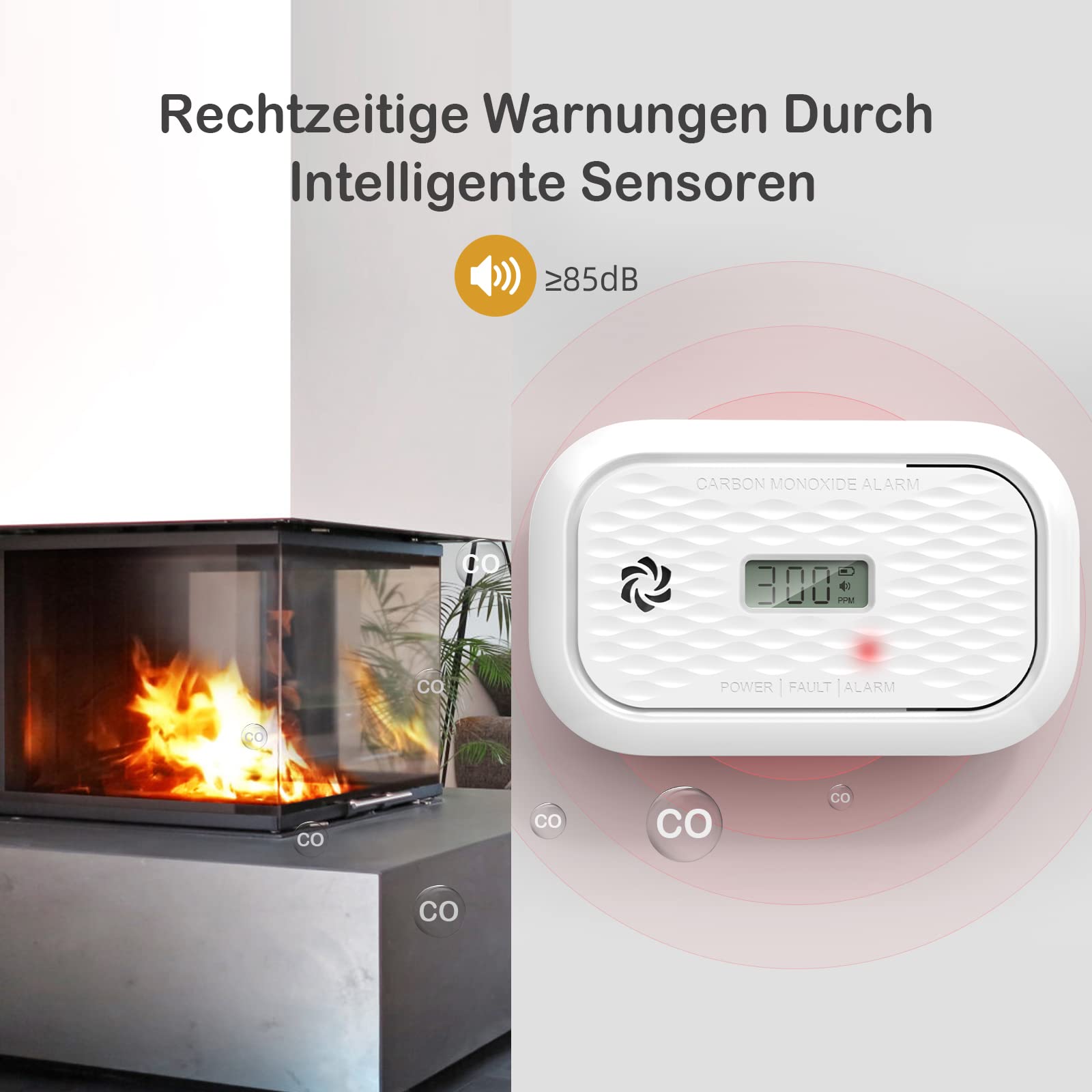 ZA326 Kohlenmonoxid Melder mit LCD Display, Tragbarer CO Alarm Detektor mit austauschbarer Batterie, 10 Jahre Sensor, 85 dB Alarmlautstärke, 1 Stück