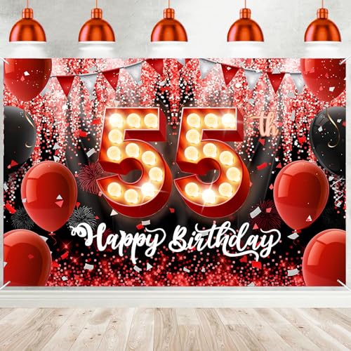 55th Happy Birthday Banner Red Glitter Sequin Balloon Banner Backdrop for Man Woman Gift Sign Birthday Party Decorations Photo Booth Background Props Decor