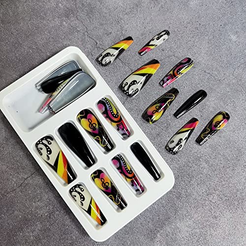Press On Nails Long Black Coffin False Nails With Designs Full Cover Fake Nails With Graffiti Musical Note Designs Glossy Stick On Nails Acrylic Artificial Nails For Women Girls #TOP5