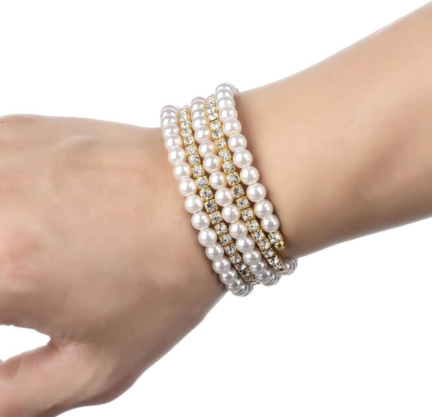 Handmade Crystal Pearl Elastic Bangle Gold Silver Multilayer Freshwater Pearl Bracelet Sparkling Stackable Crystal Bracelets for Women Wedding Jewelry - Image 2