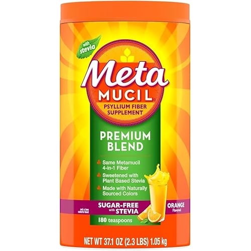 Metamucil Premium Blend, 4-in-1 Fiber Supplement for Digestive Health, Psyllium Husk Fiber Powder, Sugar-Free with Stevia, Plant-Based Fiber Supplement, Orange Flavored, 180 teaspoons