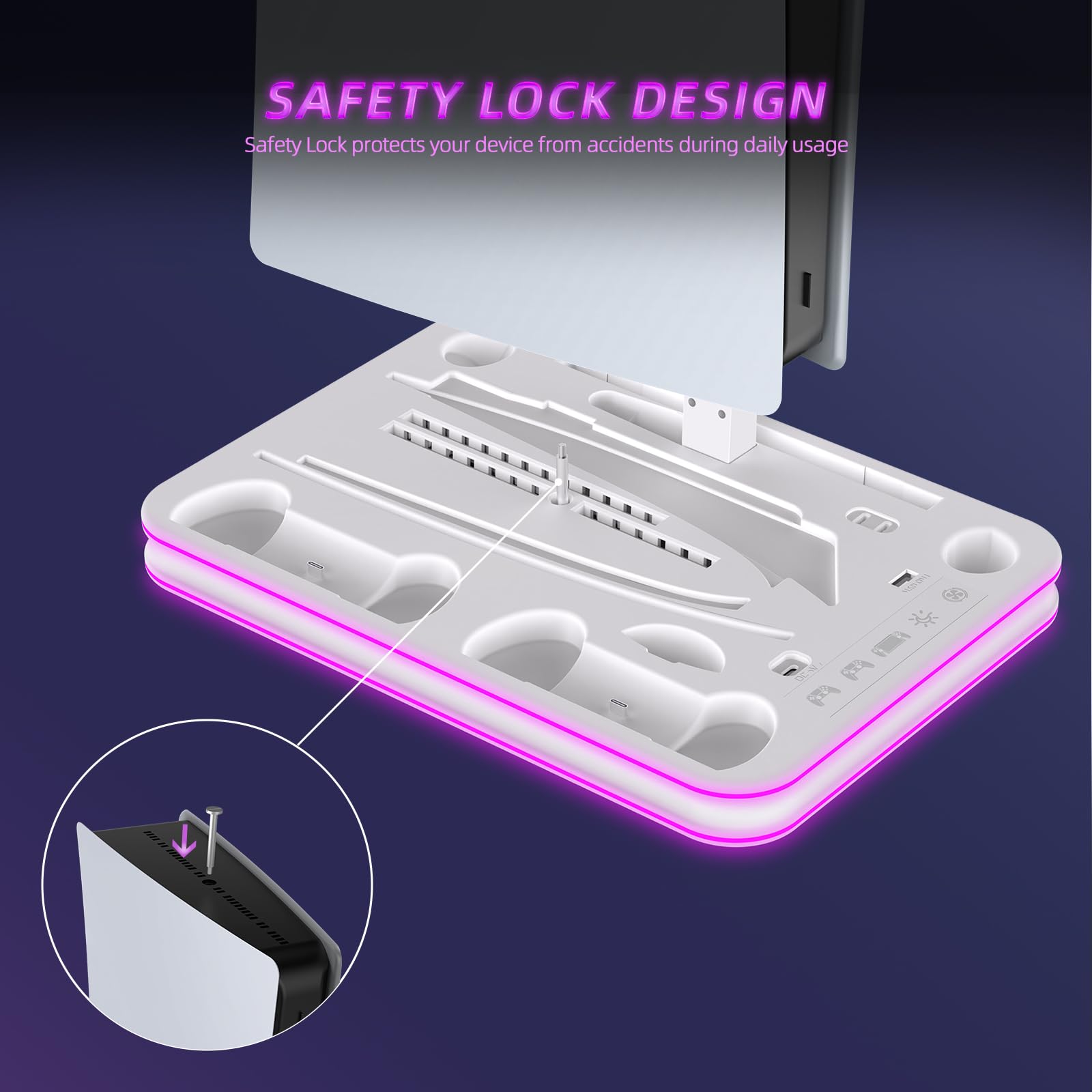 Base di raffreddamento PS5/PS5 Slim/PS5 Pro, supporto PlayStation 5 e stazione di raffreddamento, dock di ricarica doppio controller PS5 con illuminazione RGB, dock di ricarica per portale PS