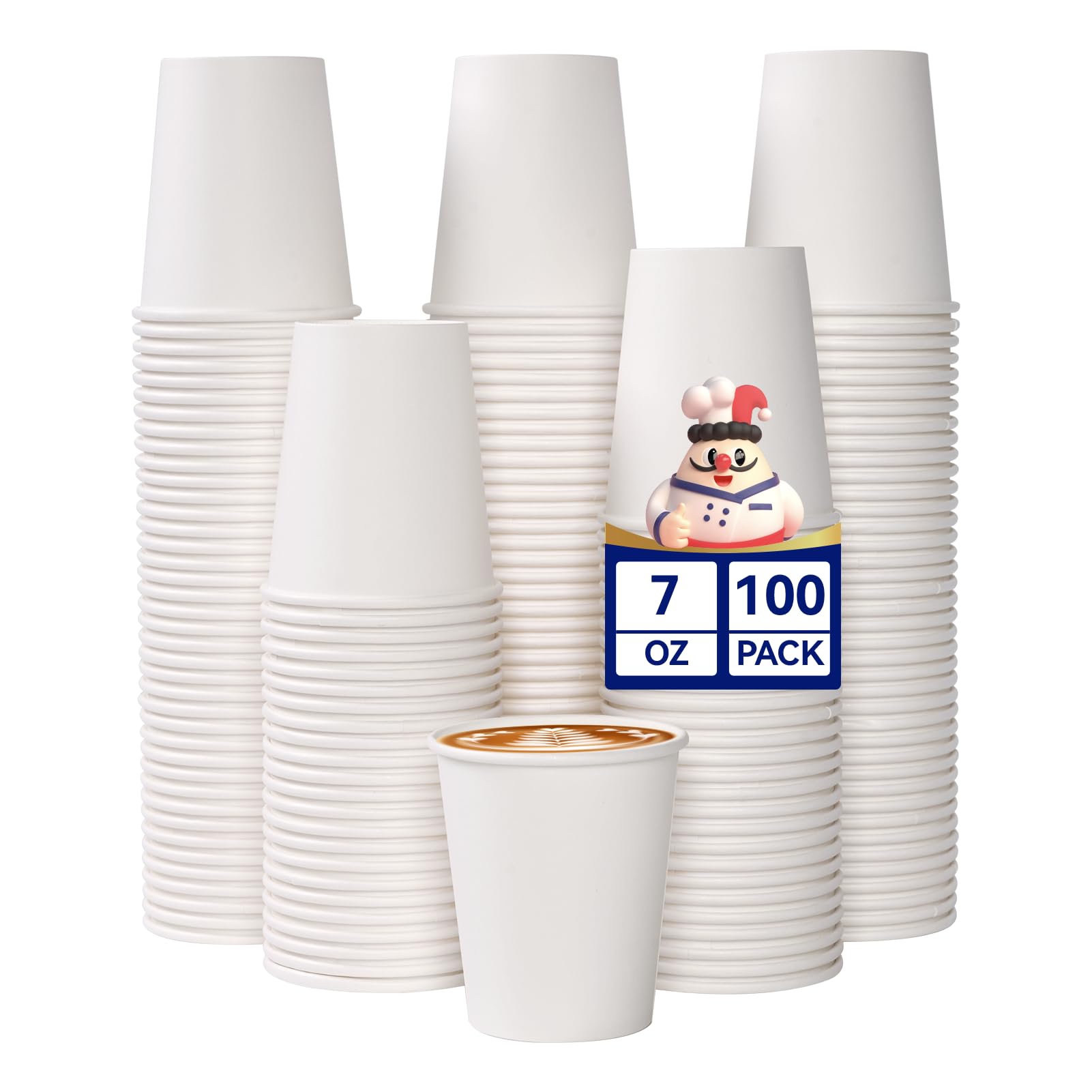 JOLLY CHEF Paper Cups 7oz / 200ml - 100 Pack Paper Coffee Cups, Leak-Proof White Paper Cups for Coffee, Suitable for Party, Picnic, Travel, and Events