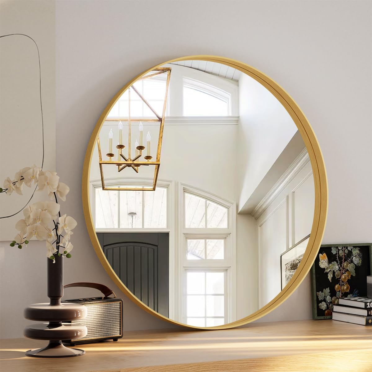Round Bathroom Mirror 32 inch, Gold Gorgeous Deep Frame Round Wall Mirror, Modern Round Bathroom Vanity Mirror for Bedroom, Living Room, Hanging or Leaning, Gold Gold 32"L x 32"W