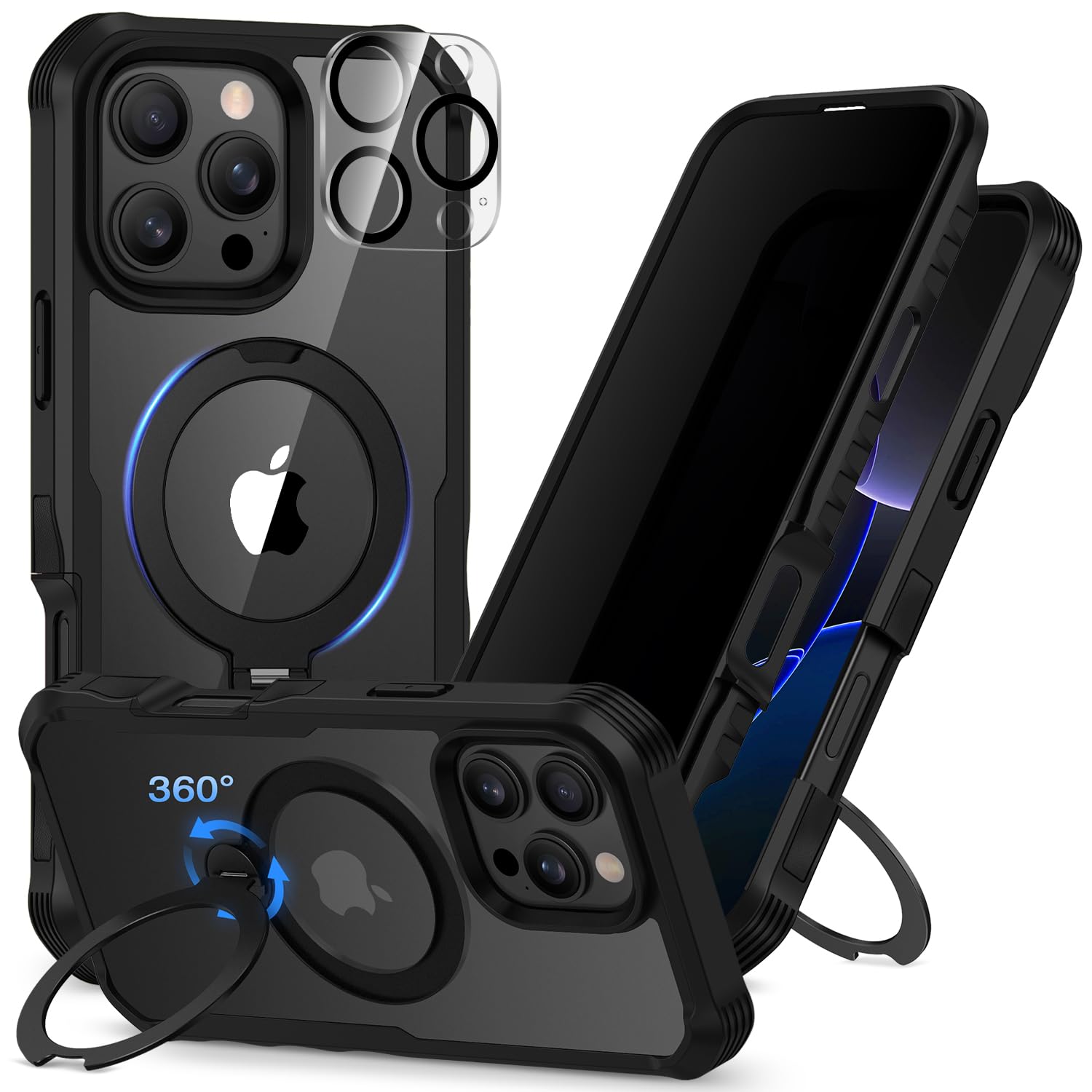 Photo 1 of *MAJOR DAMAGE*
CENHUFO Privacy for iPhone 16 Pro Max Case, Compatible with Magsafe Full Body Phone Case Built-in 9H Tempered Glass Privacy Screen Protector and 360° Spin Magnetic Stand Ring Camera Lens Cover -Black