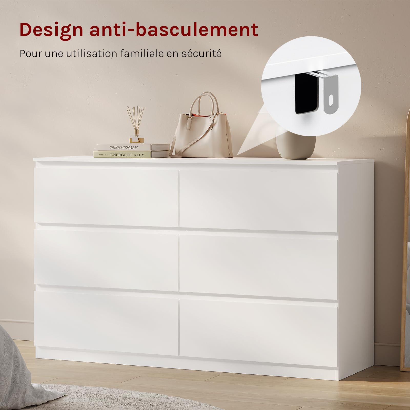 WOLTU Commode Chambre, Meuble de Rangement, avec 6 Tiroirs, pour Salon, Entrée, Style Moderne, en Bois d'Ingénierie, 120x40x75 cm, Blanc