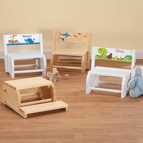 Miniatura 13 de Fox Valley Traders Taburete y silla 2 en 1 para niños, diseño de madera blanca, mariposa y flor con nombre personalizado Mariposa y