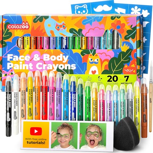 Kit di matite trucco Colozoo 20 colori per bambini | Pittura viso con pennelli e stencil | Trucco bambini, pittura pancione, trucco carnevale, matite trucco viso, make-up bimbi sicuro