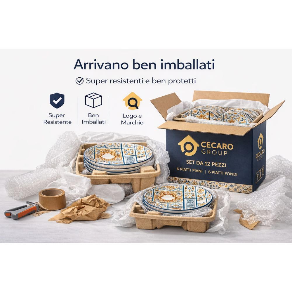 Servizio Piatti 12 Pezzi in Ceramica – Linea Maiolica Azzurra e Arancio –– Set Tavola Elegante e Resistente