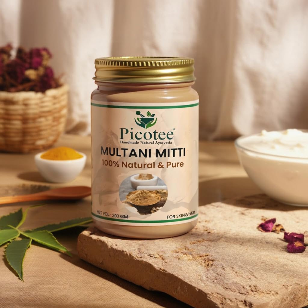 PICOTEE Multani Mitti for Face Pack and Hair Fullers Earth Multani Mitti Powder Remove Dead Skin, Brighten Skin Tone Multani Mitti Powder for Hair Reduce Dandruff & Scalp Itchiness (200 Gram)