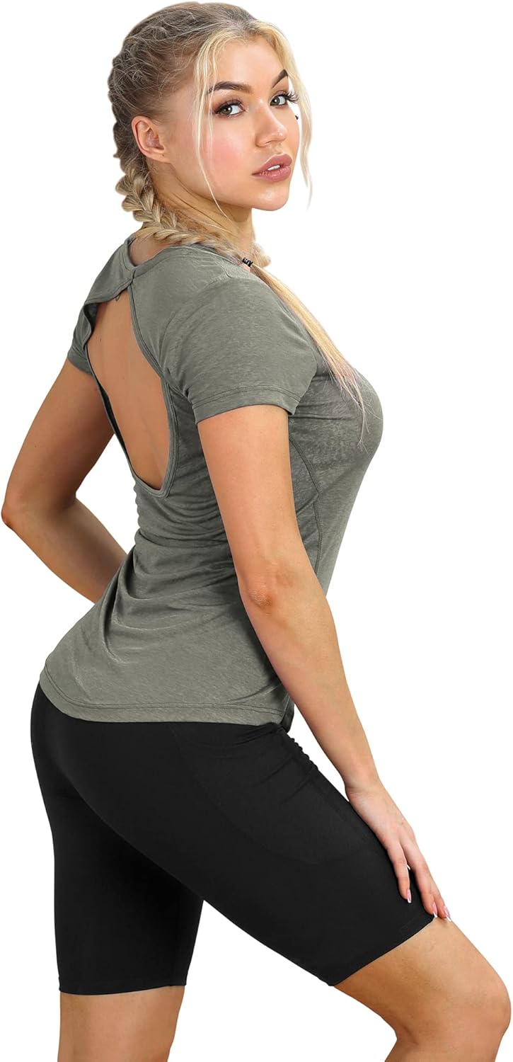 icyzone Open Back Workout T-Shirts for Women - Running Gym Shirts Yoga Tops Exercise Short Sleeves - Image 6