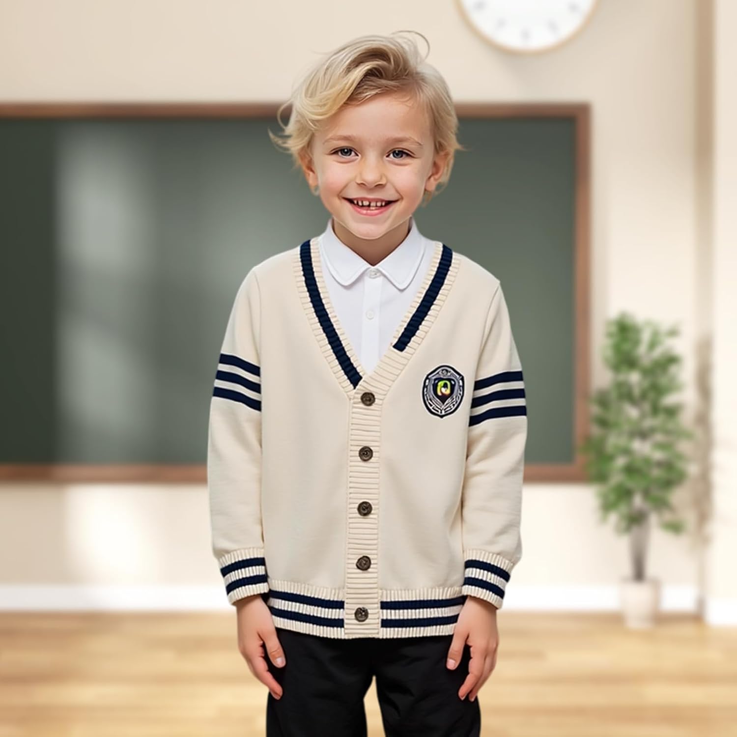 Boys Cardigan Sweater Button Up V Neck Knit Outerwear Long Sleeve Coat Embroidered Casual Jacket - Image 2