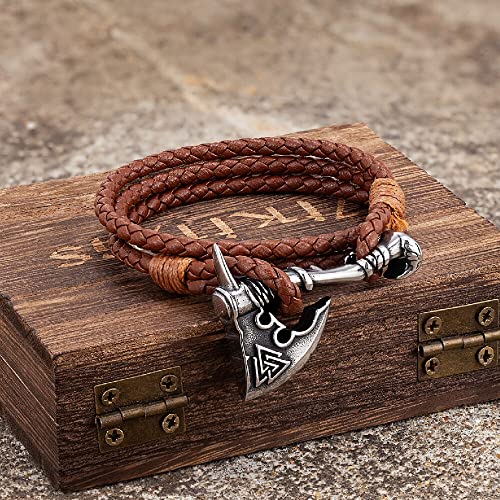 Vikings Axe Triangle Bracelets Men Stainless Steel s Hammer Leather Bangles Nordic Amulet Jewelry 3L1X3 (Brown)