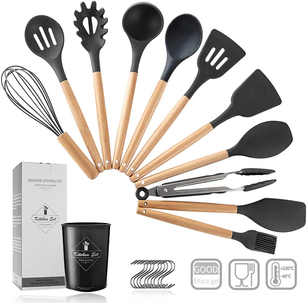 Pahajim 12PCS Silicone Cooking Kitchen Utensils Set with Holder, Silicone Utensil Set for Cooking with Wooden Handle BPA Free Non Toxic Nonstick Cookware (Black)