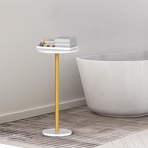 Miniatura 5 de Pequeña mesa auxiliar redonda blanca con pedestal, mesas de bebidas para espacios pequeños, mesa auxiliar de cóctel para sala de estar, mesa