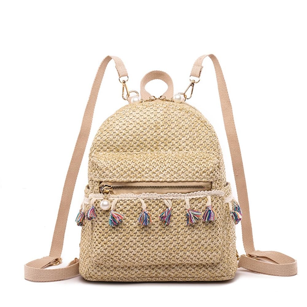 Mochila De Paja Para Mujer Bolso de hombro con borlas de estilo étnico for mujer Mochilas de paja