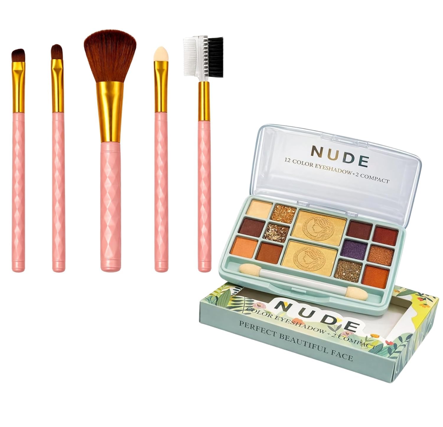 2-Piece Makeup Artistry Set – 14-in-1 Face Palette (12 Nude & Metallic Eyeshadows + 2 High-Definition Compact Powders) & 5-Piece Pink Diamond-Grip Makeup Brush Set-image-45